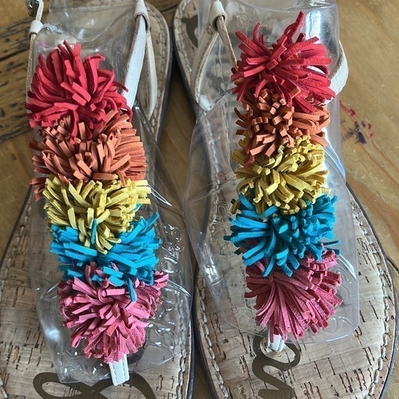 Sam Edelman Suede Multicolored Rainbow PomPom T-Strap Sandal Cream 9 - Picture 7 of 15